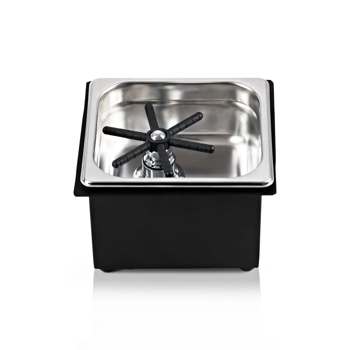 Jug rinser with stainless steel basin and black housing